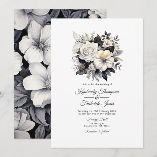 Zwart en wit bloemen bruiloft kaart (Voorkant / Achterkant)