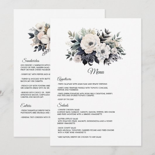 Zwart en wit bloemen bruiloft menu (Voorkant / Achterkant)