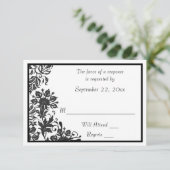 Zwart en wit bloemendamaskerdoek RSVP kaartje (Staand voorkant)
