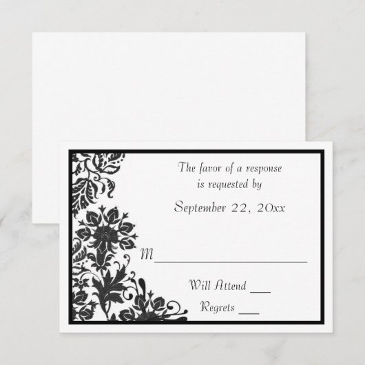 Zwart en wit bloemendamaskerdoek RSVP kaartje (Voorkant / Achterkant)