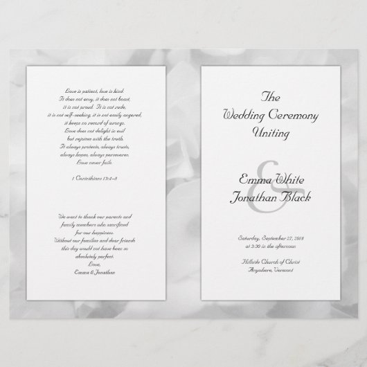 Zwart en wit bloemendesign lang ceremonieprogramma (Voorkant)