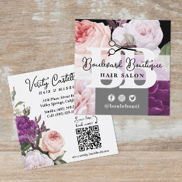 Zwart en wit bloemenkapsalon Stylist QR-code Vierkante Visitekaartje