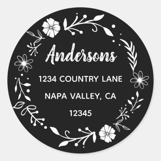 Zwart en wit bloemenkrans retouradres ronde sticker (Voorkant)