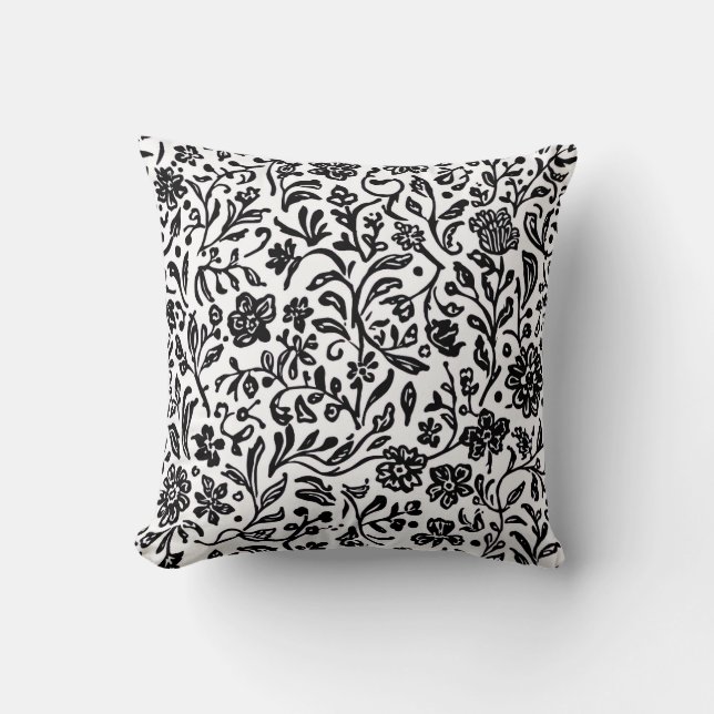 Zwart en wit bloemenpatroon accent kussen (Voorkant)