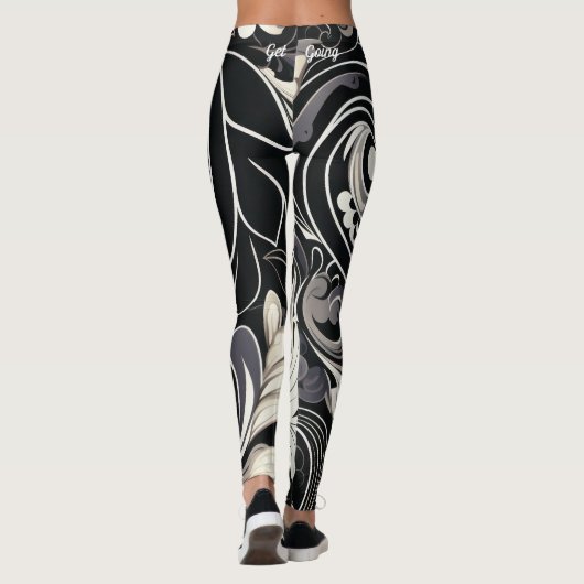 Zwart en wit bloemenprint leggings (Achterkant)
