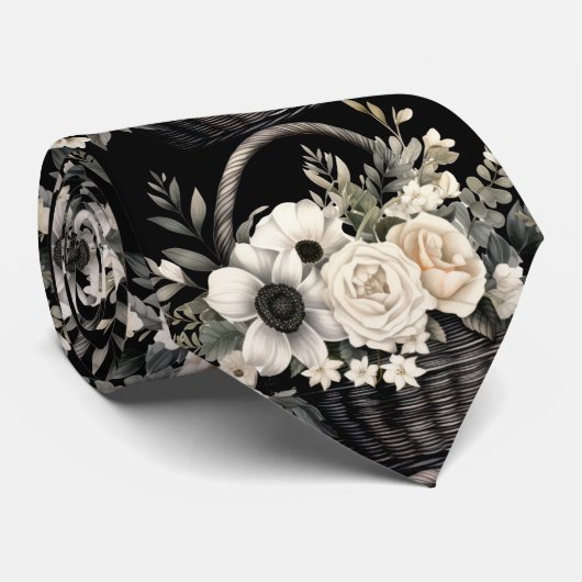 Zwart en wit bloemenschildering in waterverf stropdas (Opgerold)