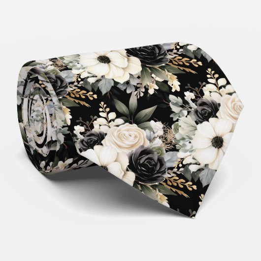 Zwart en wit bloemenschildering in waterverf stropdas (Opgerold)