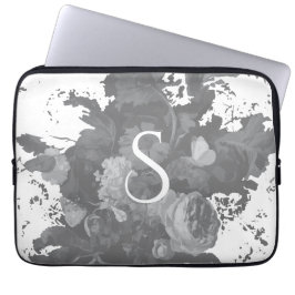 Zwart en wit bloemmotief artistiek gepersonaliseer laptop sleeve