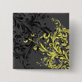 Zwart en wit bloemmotief vierkante button 5,1 cm