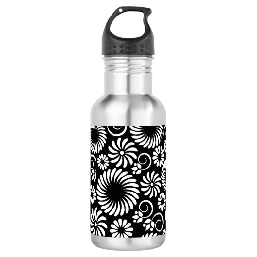 Zwart en wit bloemmotief waterfles (Voorkant)