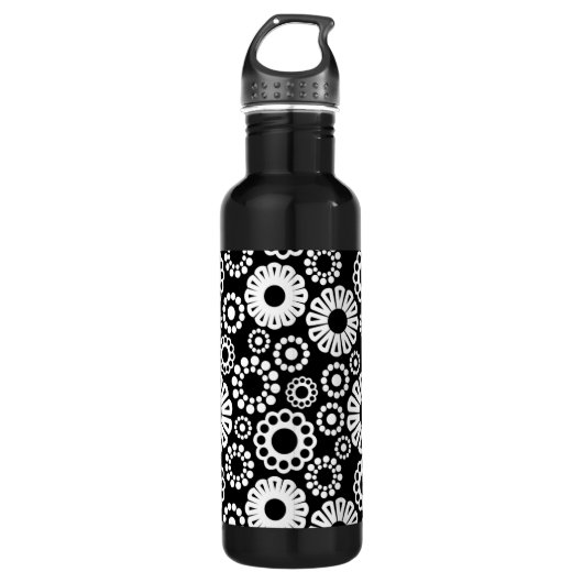 Zwart en wit bloemmotief waterfles  (Voorkant)