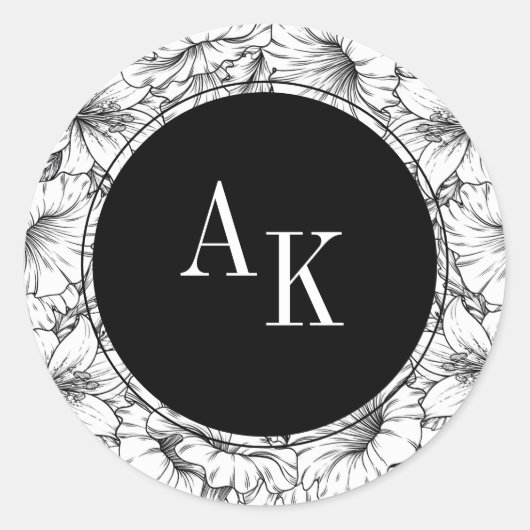 Zwart en wit bloemnaam Monogram bruiloft Ronde Sticker (Voorkant)