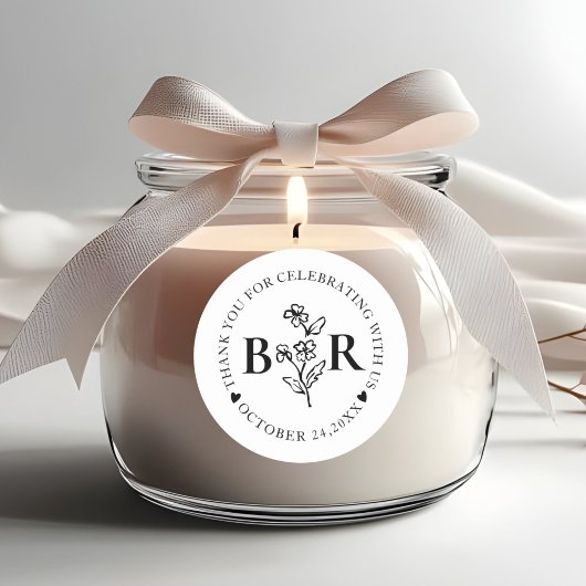 zwart en wit Botanische Aangepaste Monogram Ronde Sticker