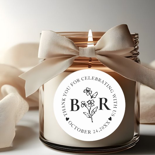 zwart en wit Botanische Aangepaste Monogram Ronde Sticker