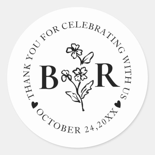 zwart en wit Botanische Aangepaste Monogram Ronde Sticker (Voorkant)
