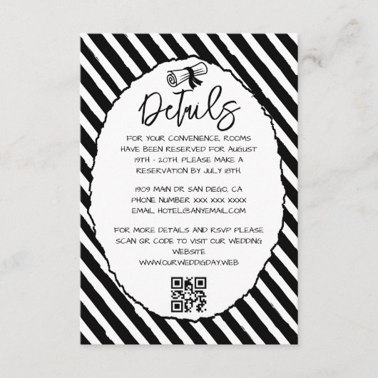 Zwart en wit bruiloft details informatiekaartje (Voorkant)