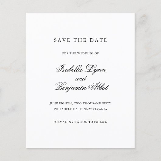 Zwart en wit budget bruiloft Save The Date (Voorkant)