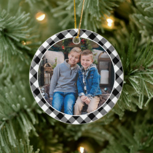 Zwart en wit buffelruitjes familie kerstfoto keramisch ornament