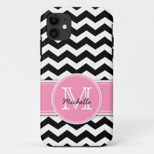 Zwart en wit Chevron met Bubblegum Roze iPhone 11 Hoesje