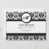 Zwart en wit Damask Monogram opslaan Datum Kaart (Voorkant)