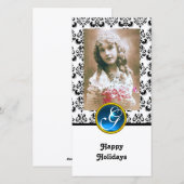 ZWART EN WIT DAMAST Blauwe saffier monogram Feestdagenkaart (Voorkant / Achterkant)