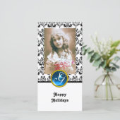 ZWART EN WIT DAMAST Blauwe saffier monogram Feestdagenkaart (Staand voorkant)