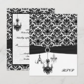 Zwart en wit damast met kroonluchters antwoordkaar RSVP kaartje (Voorkant / Achterkant)