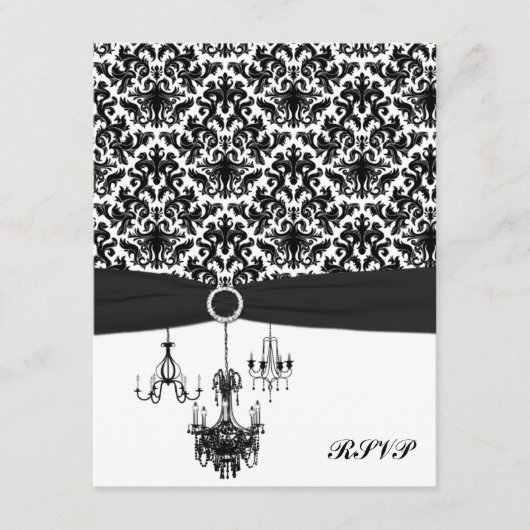 Zwart en wit damast met kroonluchters antwoordkaar RSVP kaartje (Voorkant)