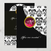 ZWART EN WIT DAMAST MONOGRAM,rode robijn,fuchsia Kaart (Voorkant / Achterkant)