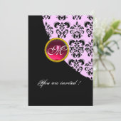 ZWART EN WIT DAMAST MONOGRAM,rode robijn,fuchsia Kaart (Staand voorkant)