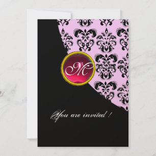 ZWART EN WIT DAMAST MONOGRAM,rode robijn,fuchsia Kaart