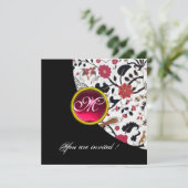 ZWART EN WIT DAMAST MONOGRAM,rode robijn, Kaart (Staand voorkant)