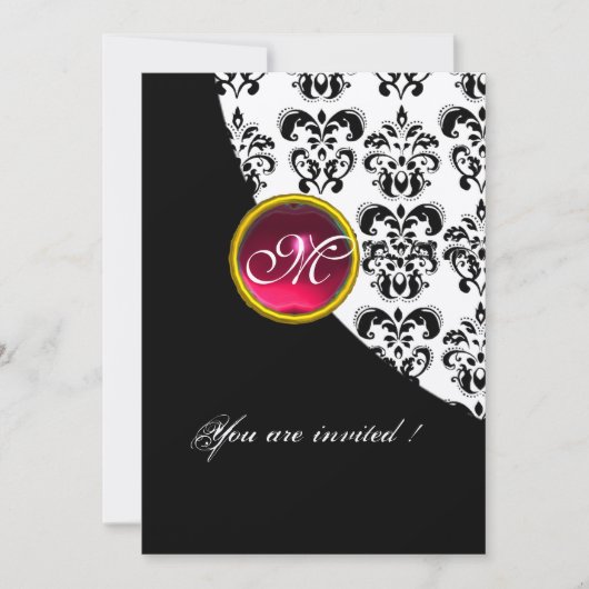 ZWART EN WIT DAMAST MONOGRAM,rood robijn,fuchsia Kaart (Voorkant)