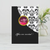 ZWART EN WIT DAMAST MONOGRAM,rood robijn,fuchsia Kaart (Staand voorkant)
