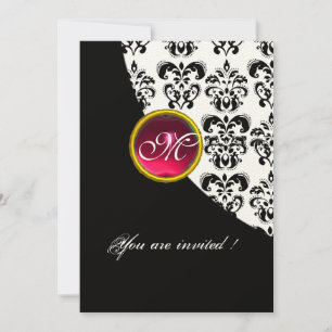 ZWART EN WIT DAMAST MONOGRAM,rood robijn,fuchsia Kaart
