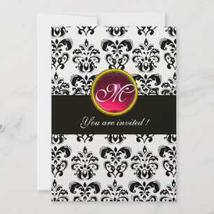 ZWART EN WIT DAMAST MONOGRAM,rood robijn,fuchsia Kaart
