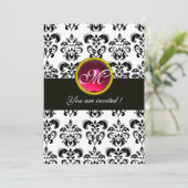 ZWART EN WIT DAMAST MONOGRAM, rood robijn, fuchsia Kaart (Staand voorkant)
