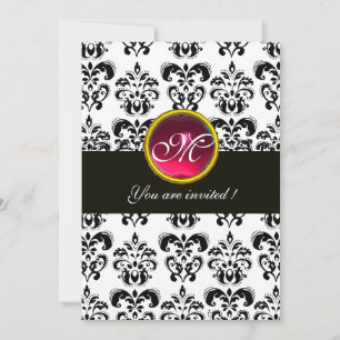 ZWART EN WIT DAMAST MONOGRAM, rood robijn, fuchsia Kaart