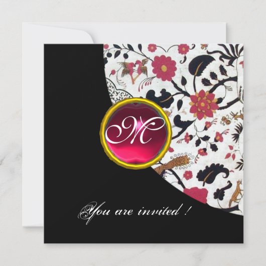 ZWART EN WIT DAMAST MONOGRAM,rood robijn, Kaart (Voorkant)