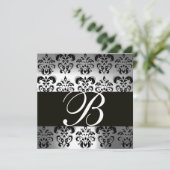 ZWART EN WIT DAMAST MONOGRAM zilver maansteen Kaart (Staand voorkant)