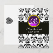 ZWART EN WIT DAMAST Paars Amethist Monogram Aankondigingskaart (Voorkant / Achterkant)