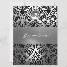ZWART EN WIT DAMAST PATROON EDELSTEEN MONOGRAM KAART