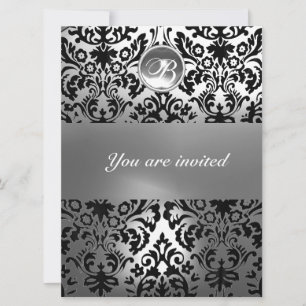ZWART EN WIT DAMAST PATROON EDELSTEEN MONOGRAM KAART