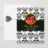 ZWART EN WIT DAMAST RODE ROBIJN MONOGRAM AANKONDIGINGSKAART (Voorkant / Achterkant)