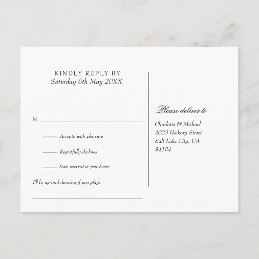 Zwart en Wit Deco Liedverzoek RSVP Ansichtkaart Uitnodiging Briefkaart (Achterkant)