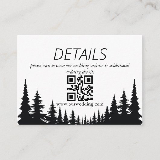 Zwart en wit dennebomen Winter Bruiloft QR Code Informatiekaartje (Voorkant)