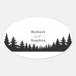 Zwart en wit dennebomen Winter Huwelijk Ovale Sticker