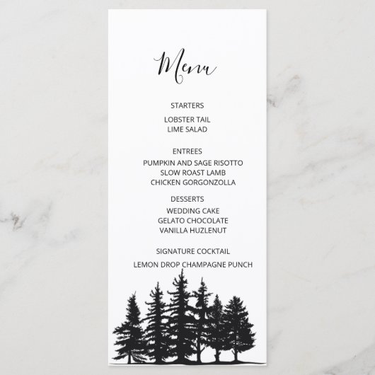 Zwart en wit dennebomen Winterhuwelijk Menu (Voorkant)