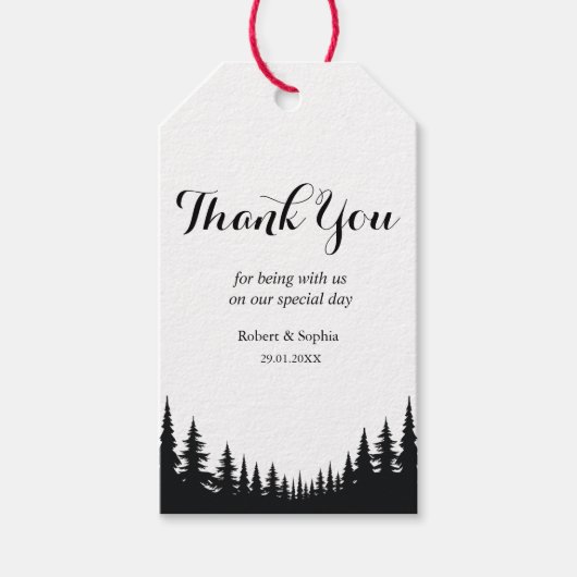 Zwart en Wit Dennengebomen Winterhuwelijk Cadeaulabel (Voorkant)