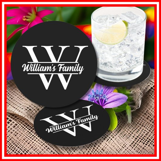 Zwart en Wit | Eenvoudige familienaam Monogram Ronde Kartonnen Onderzetter